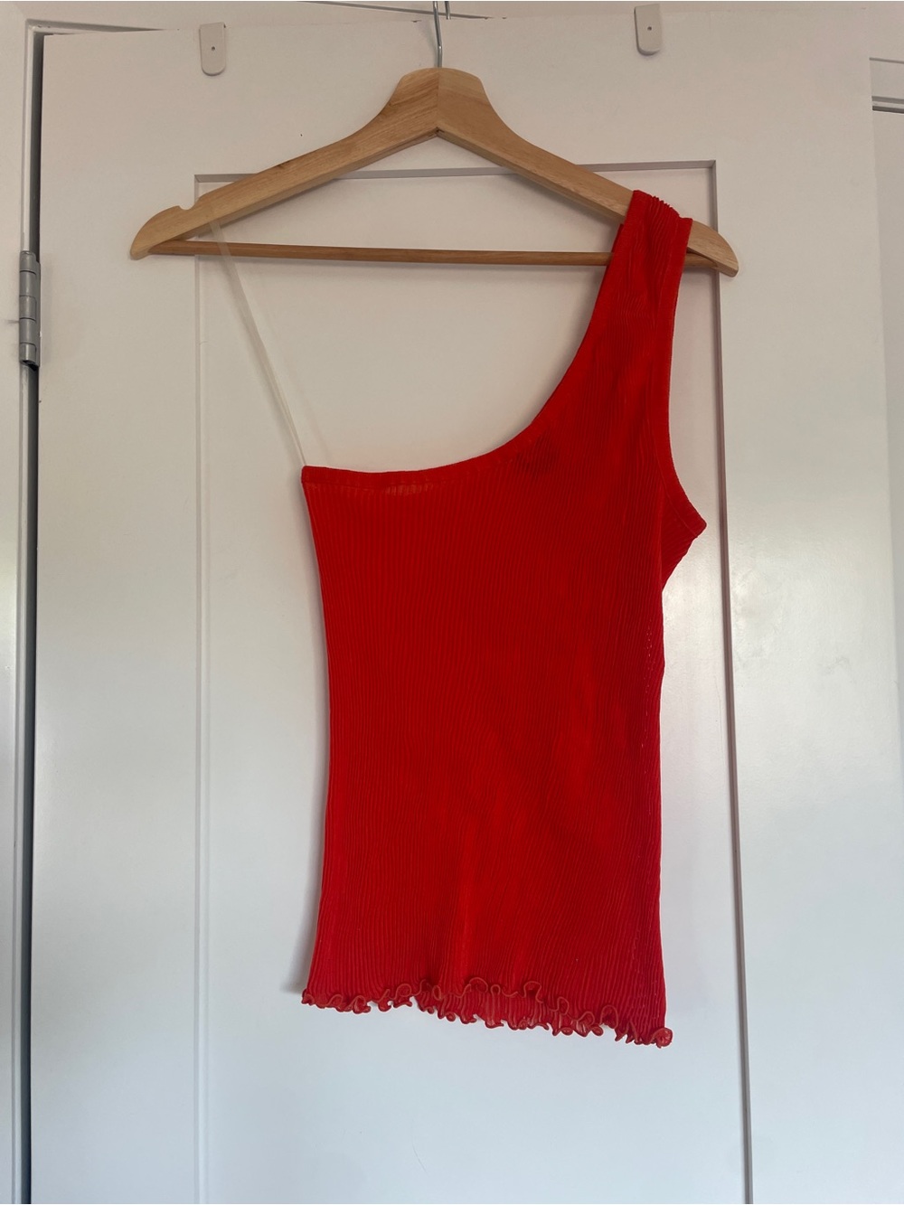 Asymmetric One-Shoulder Red Ribbed Tank Top